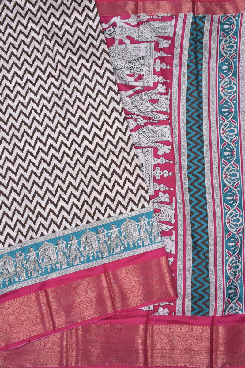 White With Black Semi Dola Chevron Waves Contrast Pink Border Saree