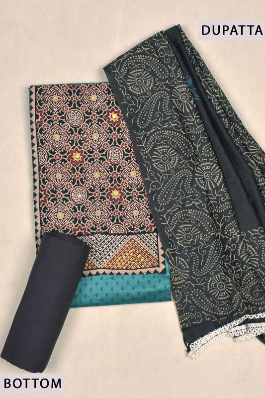 Blue Green Cotton Chudithar Material Ajrakh printed Top Paisely Border Printed Dupatta Suit