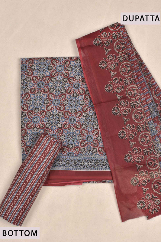 Maroon Cotton Chudithar Material Ajrakh Printed Top Printed Bottom Dupatta Suit