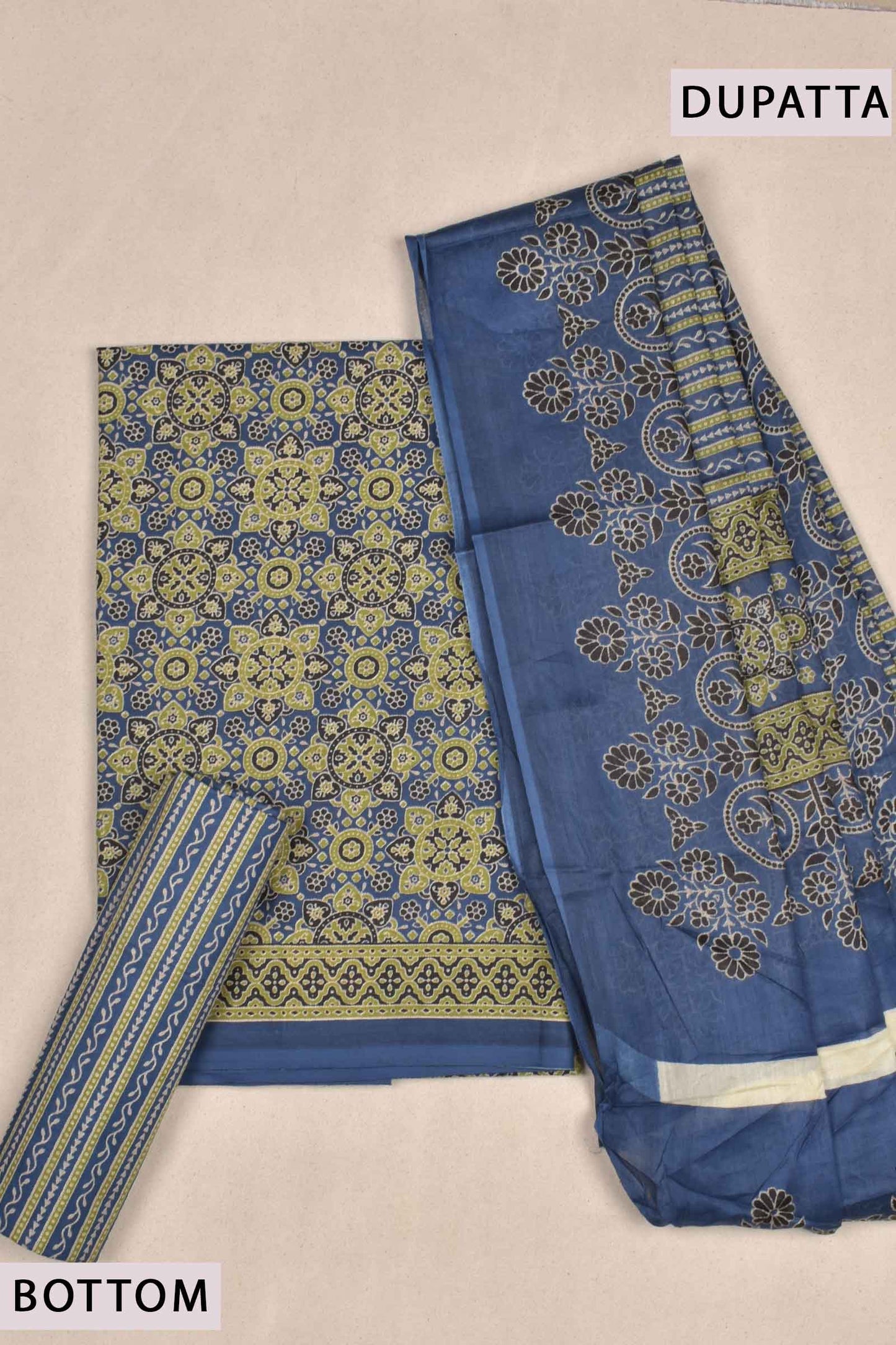 Green and Blue Cotton Chudithar Material Ajrakh Printed Suit