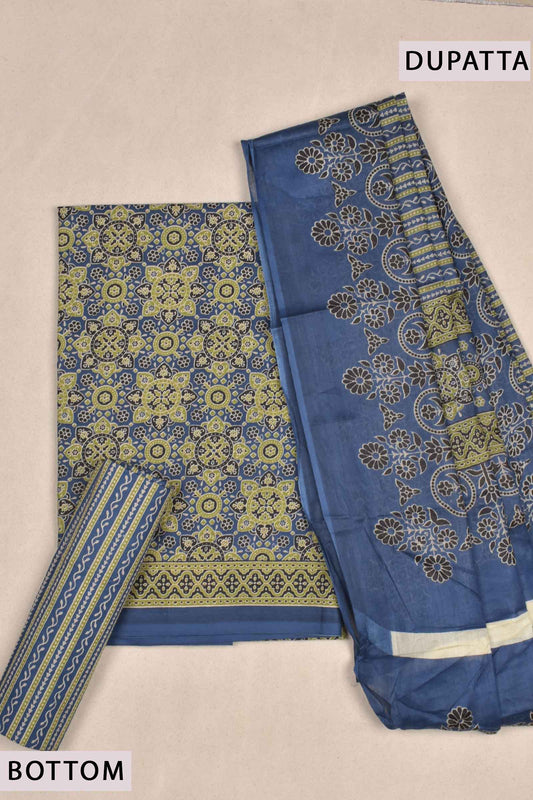 Green and Blue Cotton Chudithar Material Ajrakh Printed Suit