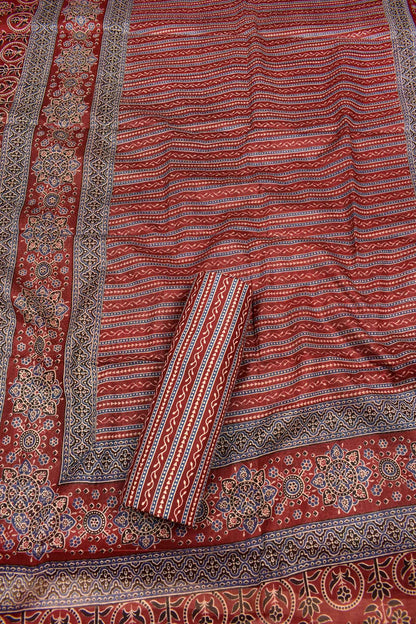 Maroon Cotton Chudithar Material Ajrakh Printed Top Printed Bottom Dupatta Suit