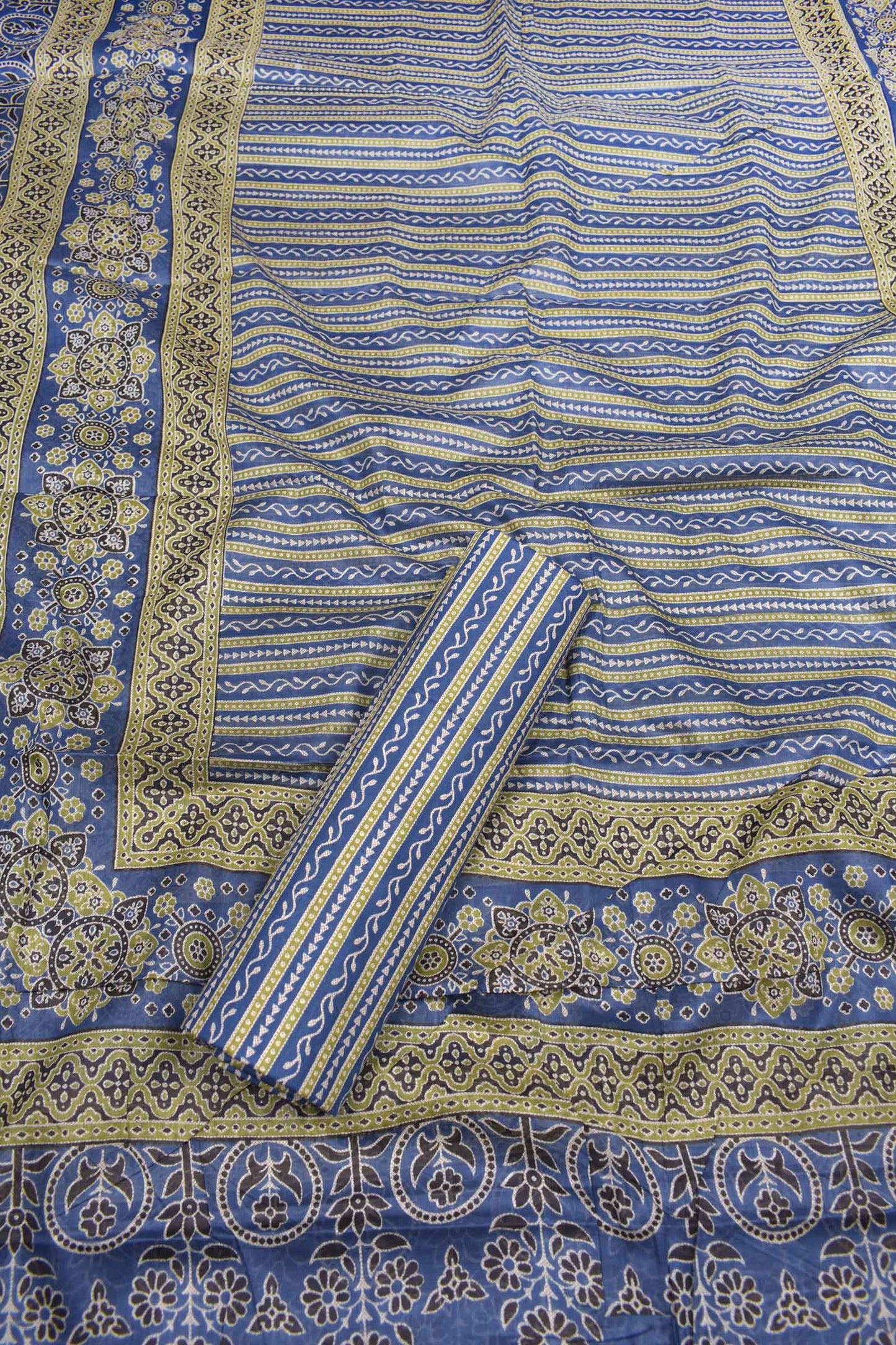 Green and Blue Cotton Chudithar Material Ajrakh Printed Suit