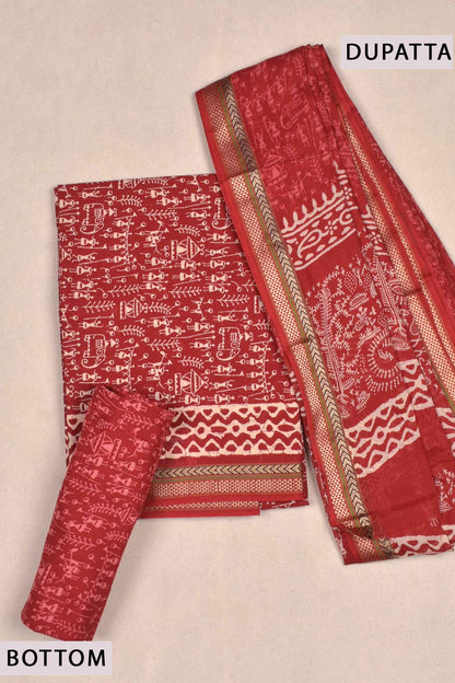 Red Mangalagiri Cotton Chudithar Dress Material Warli Print Zari Border Suit