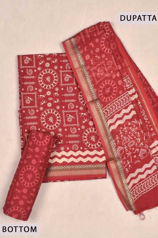 Red Mangalagiri Cotton Chudithar Dress Material Warli Scenes Print Zari Border Suit