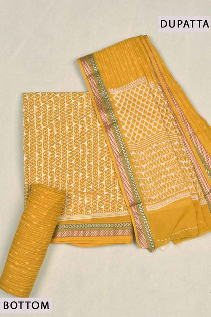 Yellow Mangalagiri Cotton Chudithar Material Cross Checks Bottom Dupatta Zari Border Suit