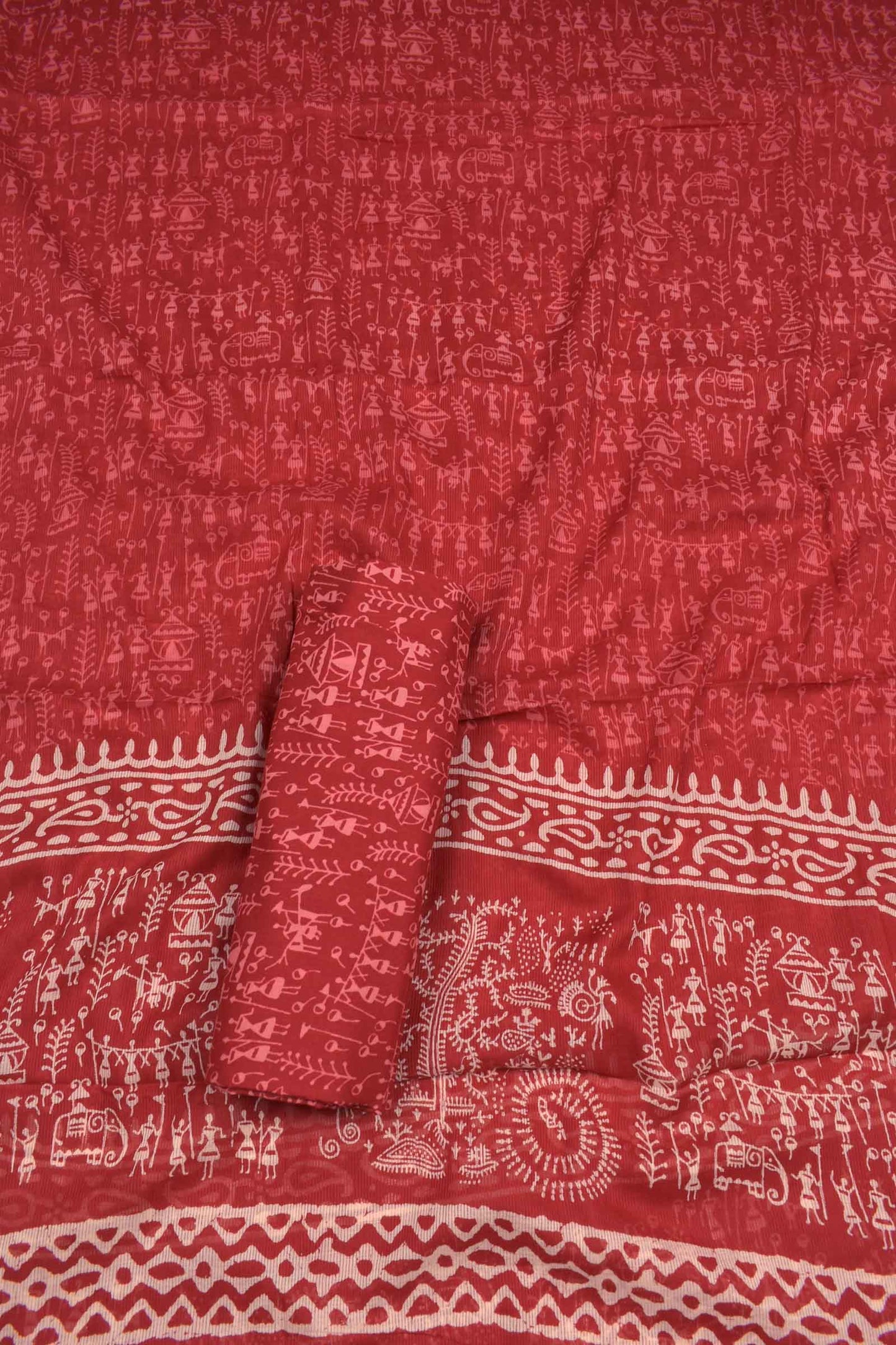 Red Mangalagiri Cotton Chudithar Dress Material Warli Print Zari Border Suit