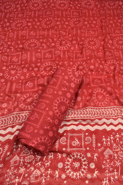 Red Mangalagiri Cotton Chudithar Dress Material Warli Scenes Print Zari Border Suit