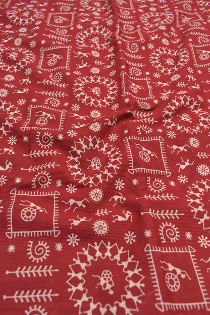 Red Mangalagiri Cotton Chudithar Dress Material Warli Scenes Print Zari Border Suit