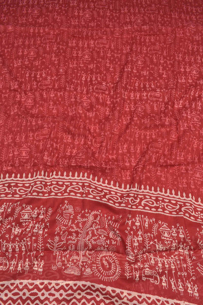 Red Mangalagiri Cotton Chudithar Dress Material Warli Print Zari Border Suit