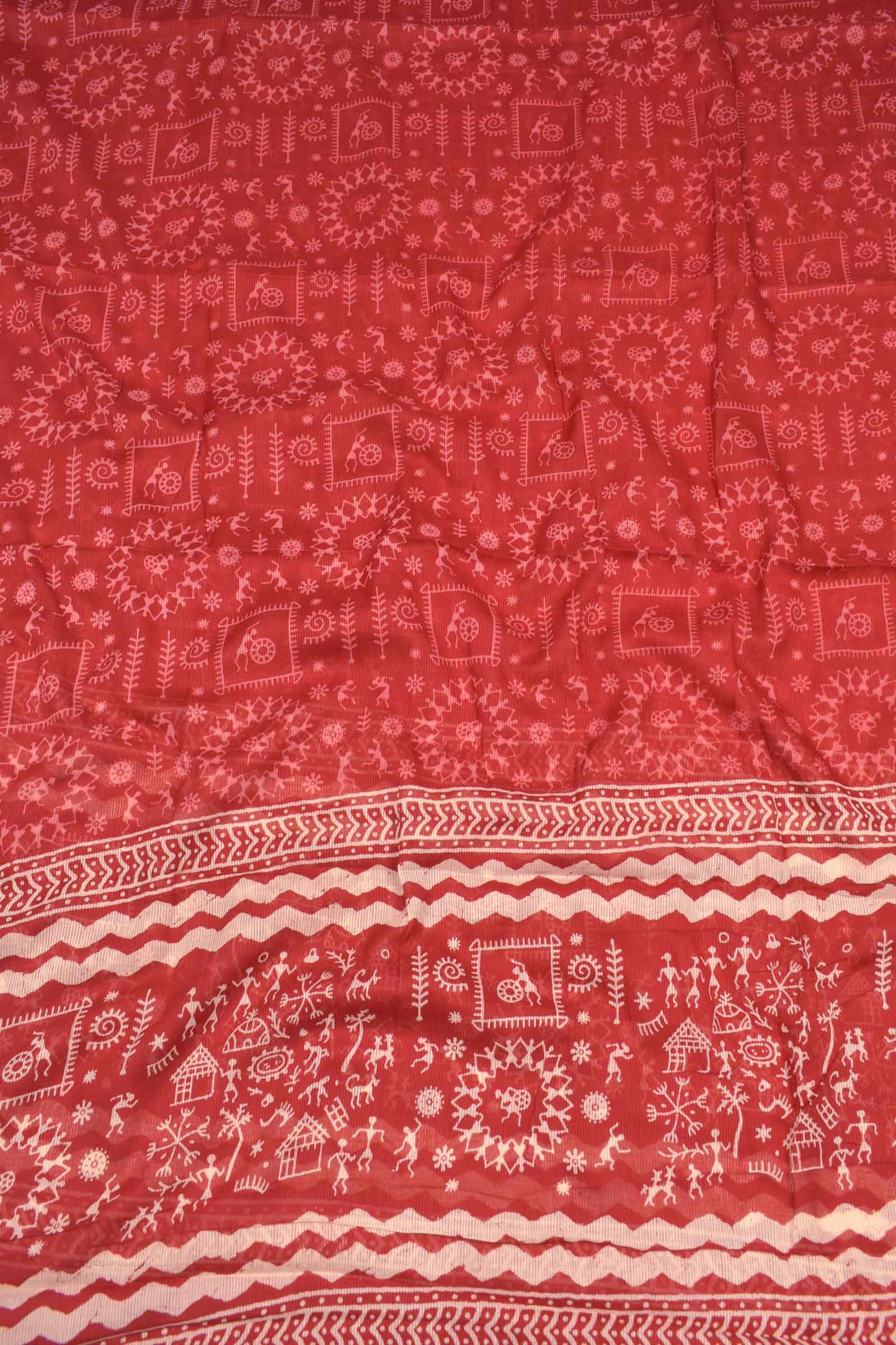 Red Mangalagiri Cotton Chudithar Dress Material Warli Scenes Print Zari Border Suit