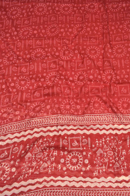 Red Mangalagiri Cotton Chudithar Dress Material Warli Scenes Print Zari Border Suit