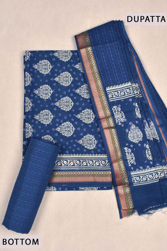 Blue Mangalagiri Cotton Chudithar Dress Material Printed Top Zari Border Suit