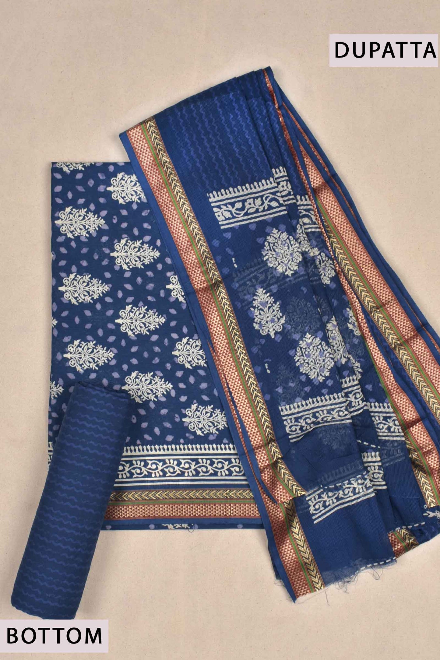 Blue Mangalagiri Cotton Chudithar Dress Material Printed Floral Pots Top Zari Border Dupatta Suit