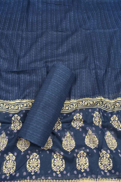 Blue Mangalagiri Cotton Chudithar Dress Material Printed Top Zari Border Suit