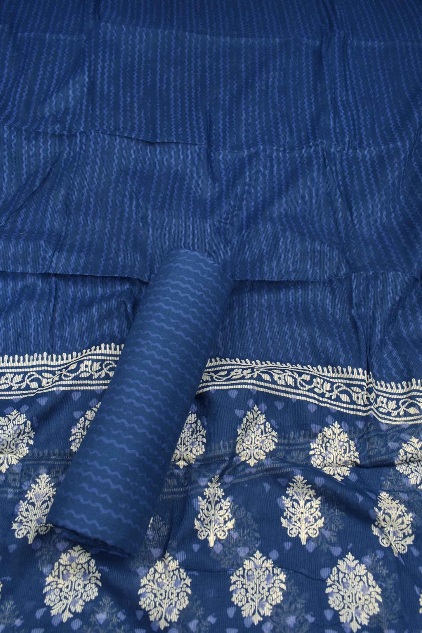 Blue Mangalagiri Cotton Chudithar Dress Material Printed Floral Pots Top Zari Border Dupatta Suit