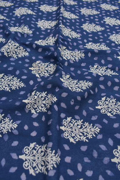 Blue Mangalagiri Cotton Chudithar Dress Material Printed Floral Pots Top Zari Border Dupatta Suit