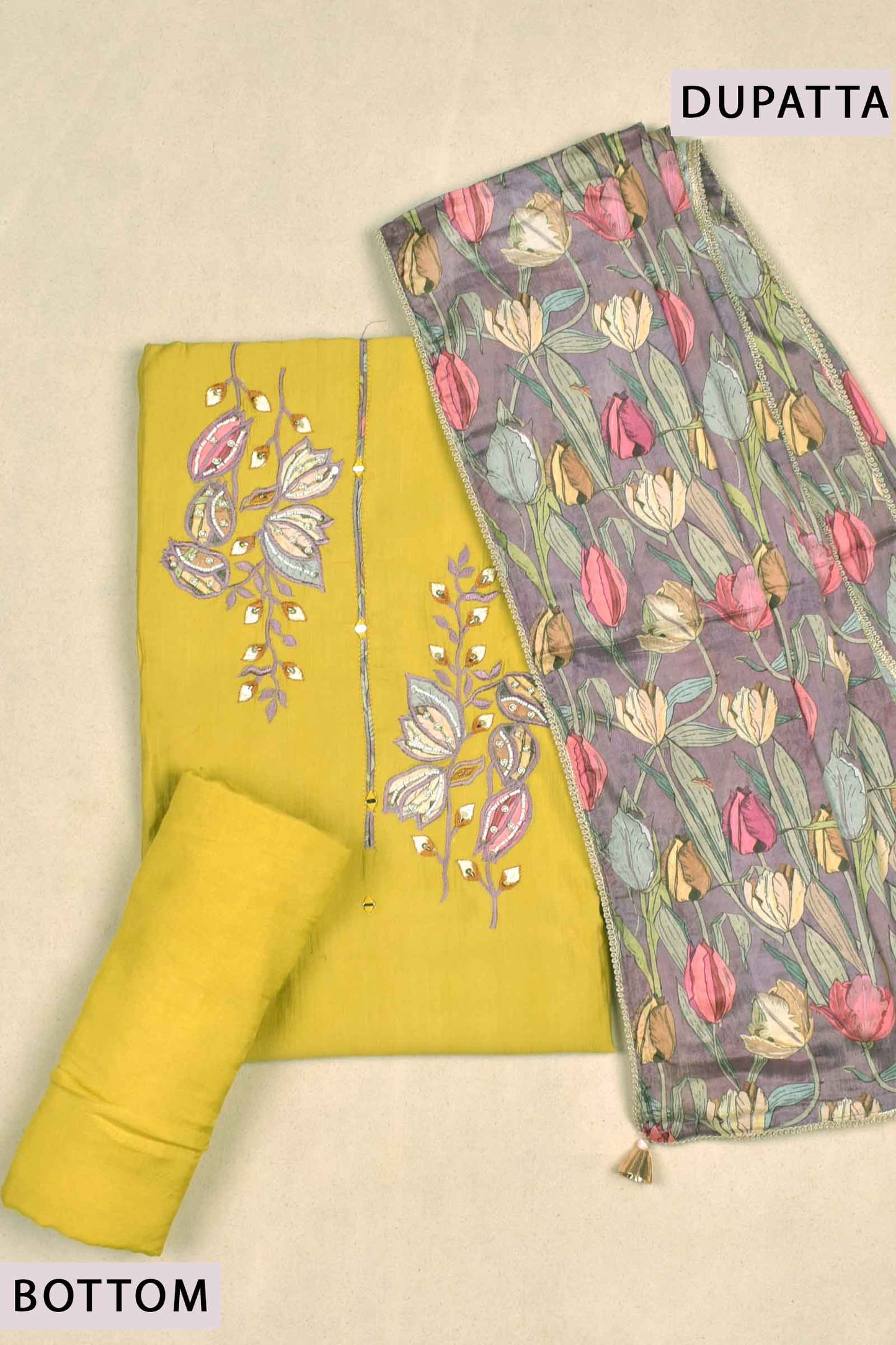 Daisy Yellow Rayon Chudithar Material Printed Top Contrast Lilybuds Dupatta Suit