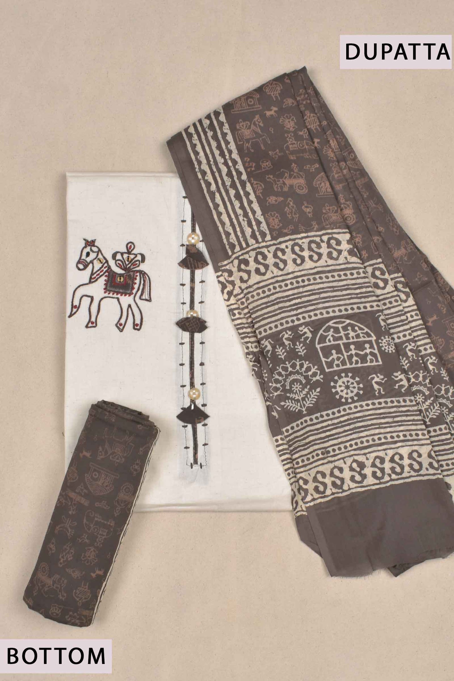 White Cotton Chudithar Material Royal Horse Embroidery Warli Printed Bottom Dupatta Suit