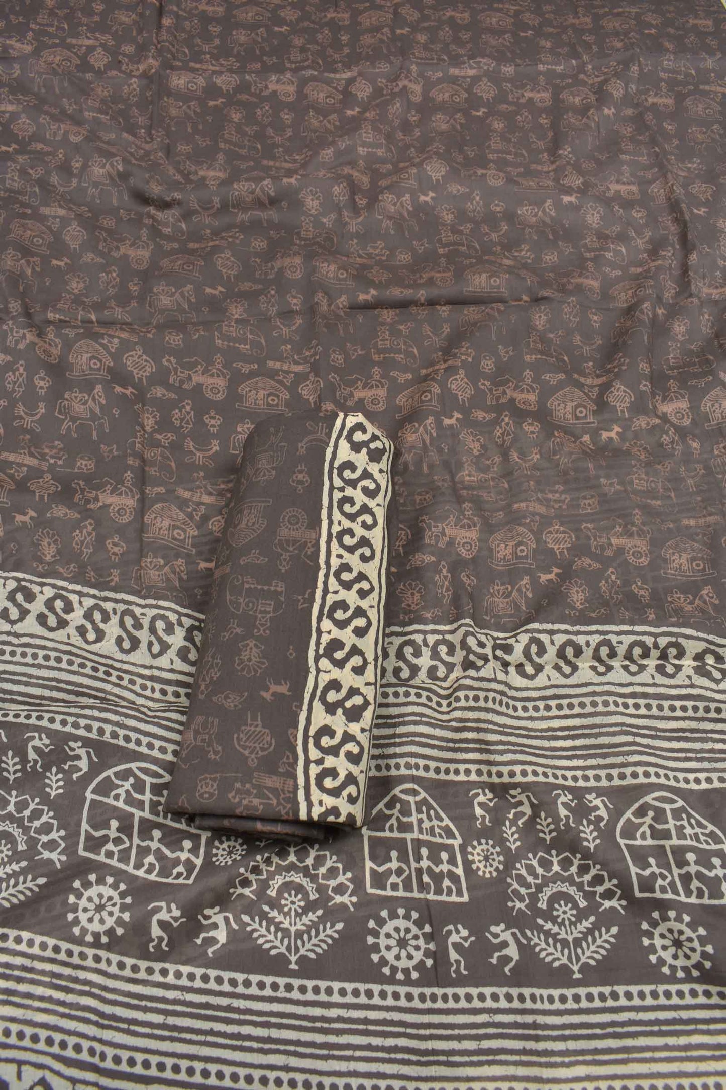 White Cotton Chudithar Material Royal Horse Embroidery Warli Printed Bottom Dupatta Suit