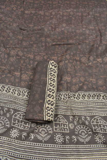 White Cotton Chudithar Material Royal Horse Embroidery Warli Printed Bottom Dupatta Suit