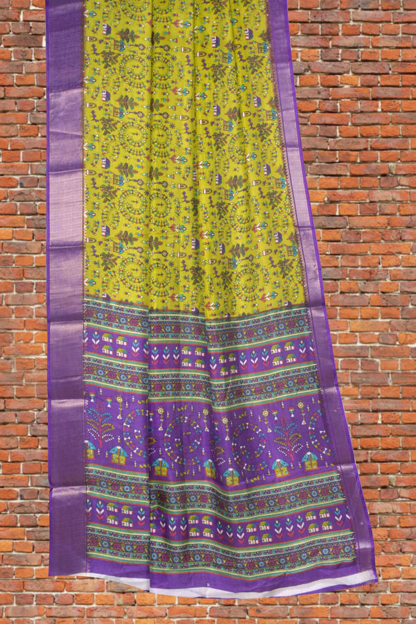 Green With Violet Semi Dola Warli Print Saree