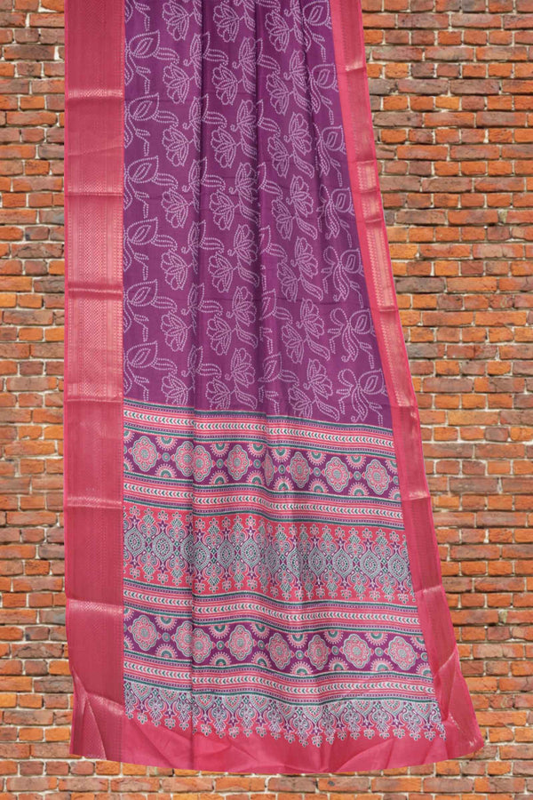 Wine Purple Semi Dola Rose Garden Printed Pink Zari Border Saree