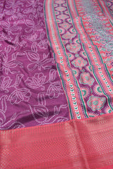 Wine Purple Semi Dola Rose Garden Printed Pink Zari Border Saree