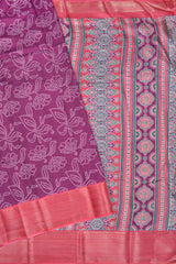 Wine Purple Semi Dola Rose Garden Printed Pink Zari Border Saree