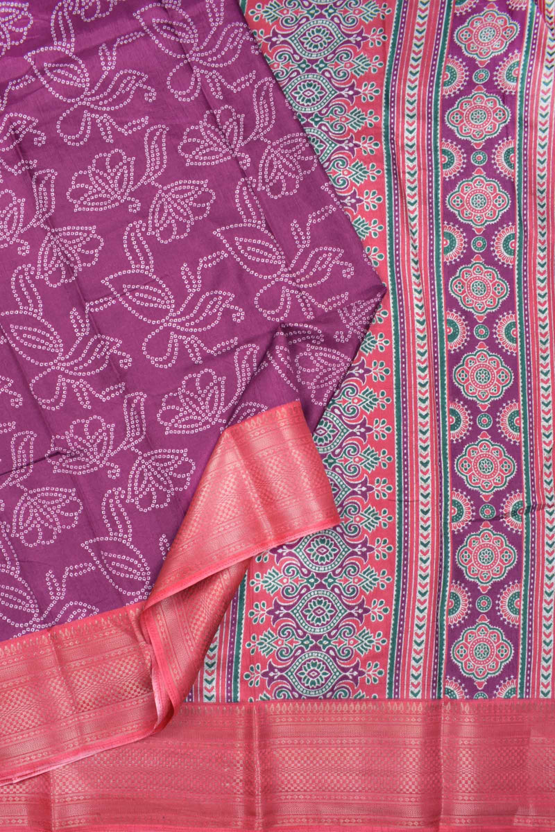 Wine Purple Semi Dola Rose Garden Printed Pink Zari Border Saree