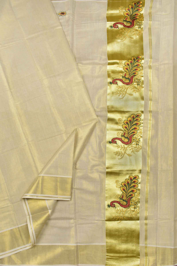 Golden Kerala Tissue Cotton Feathers Butta Red Peacock Embroidery Golden Zari Pallu Saree