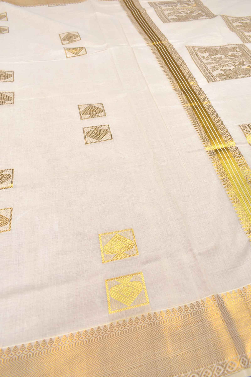 Off White Pure Kerala Cotton Square Butta Grand Squares Pallu Saree