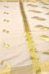 Off White Pure Kerala Cotton Golden Leaves Butta Dual Gold Leaves Pallu Zari Border Saree