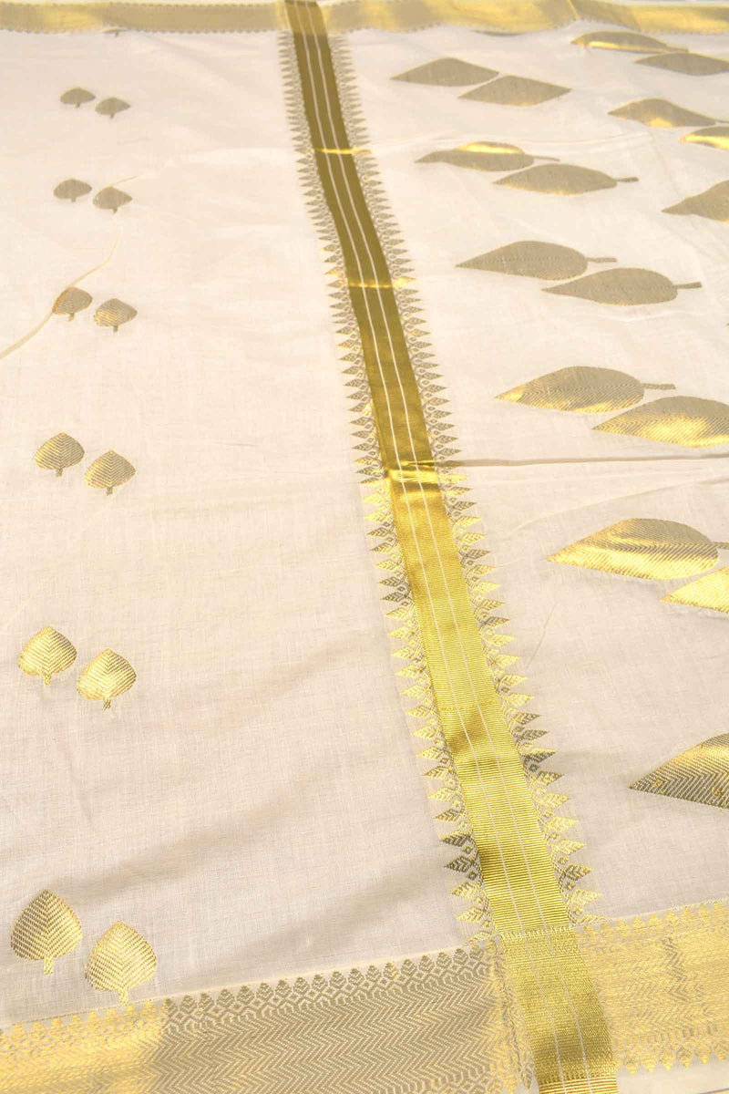 Off White Pure Kerala Cotton Golden Leaves Butta Dual Gold Leaves Pallu Zari Border Saree