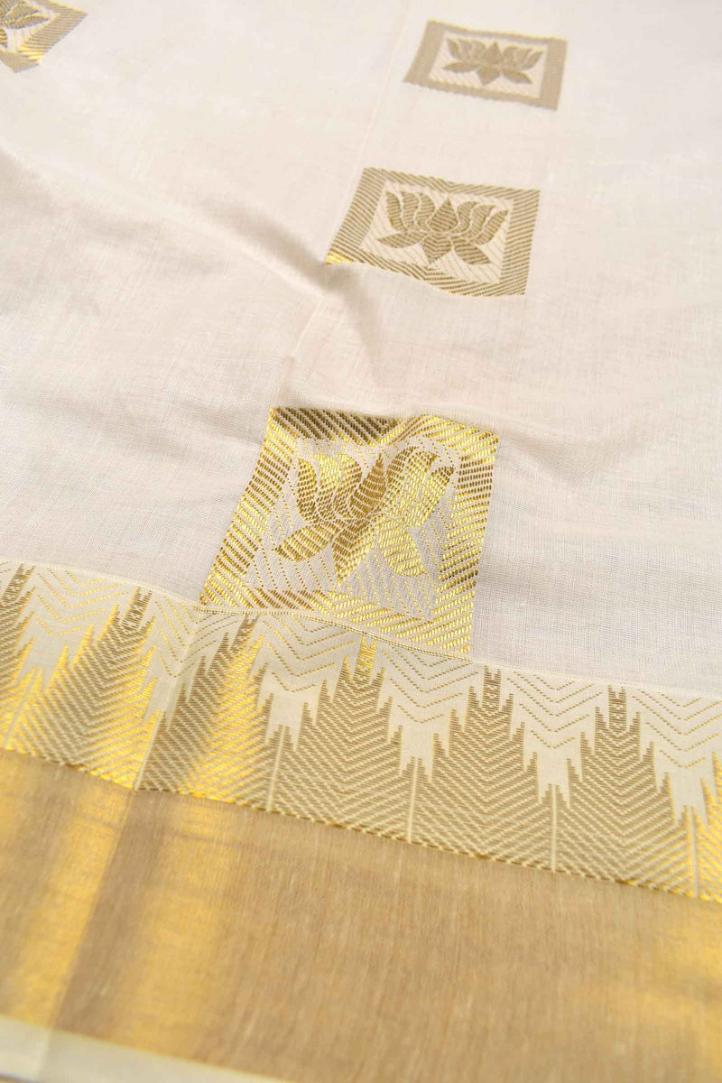 Off White Pure Kerala Cotton Lotus Pallu Temple Zari Border Saree