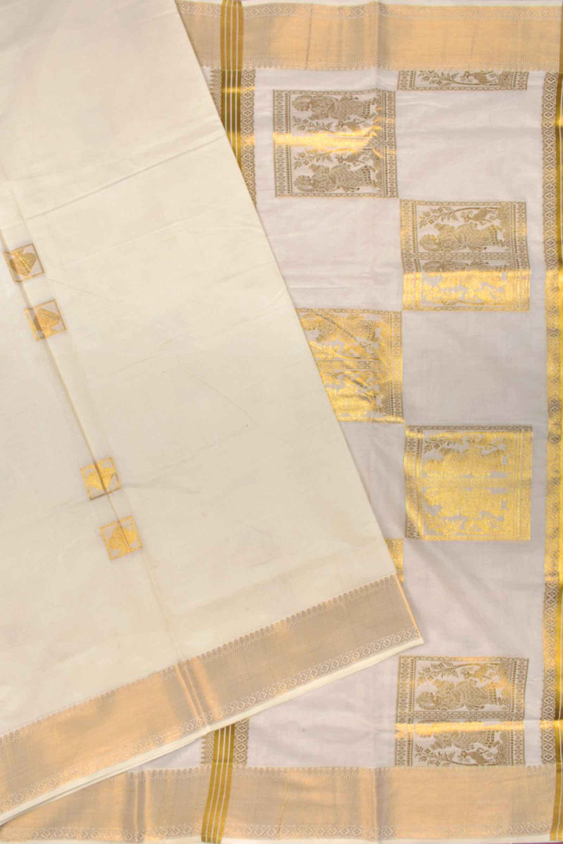 Off White Pure Kerala Cotton Square Butta Grand Squares Pallu Saree