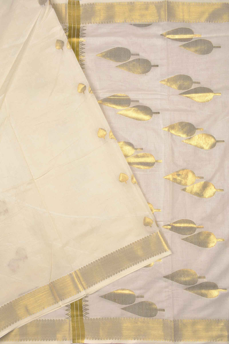 Off White Pure Kerala Cotton Golden Leaves Butta Dual Gold Leaves Pallu Zari Border Saree