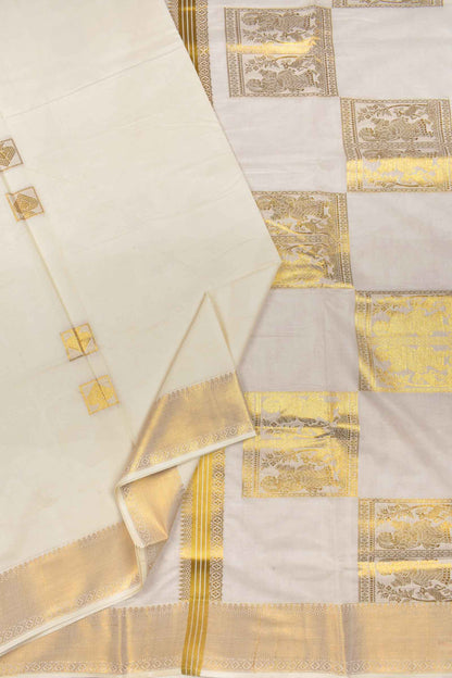 Off White Pure Kerala Cotton Square Butta Grand Squares Pallu Saree