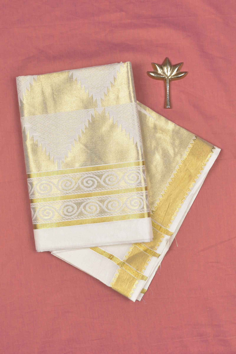 Off White Pure Kerala Cotton Fancy Temple Butta Temple Pallu Saree