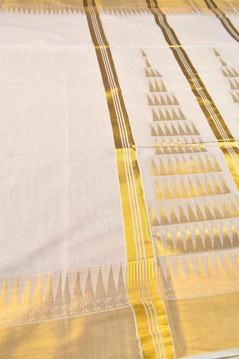 Off White Pure Kerala Cotton Fancy Temple Butta Tower Temple Pallu Saree