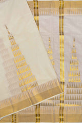 Off White Pure Kerala Cotton Fancy Temple Butta Tower Temple Pallu Saree