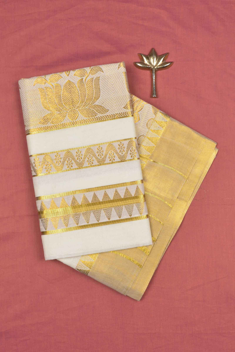 Off White Pure Kerala Cotton Line Butta Grand Golden Lotus Pallu Temple Zari Border Saree