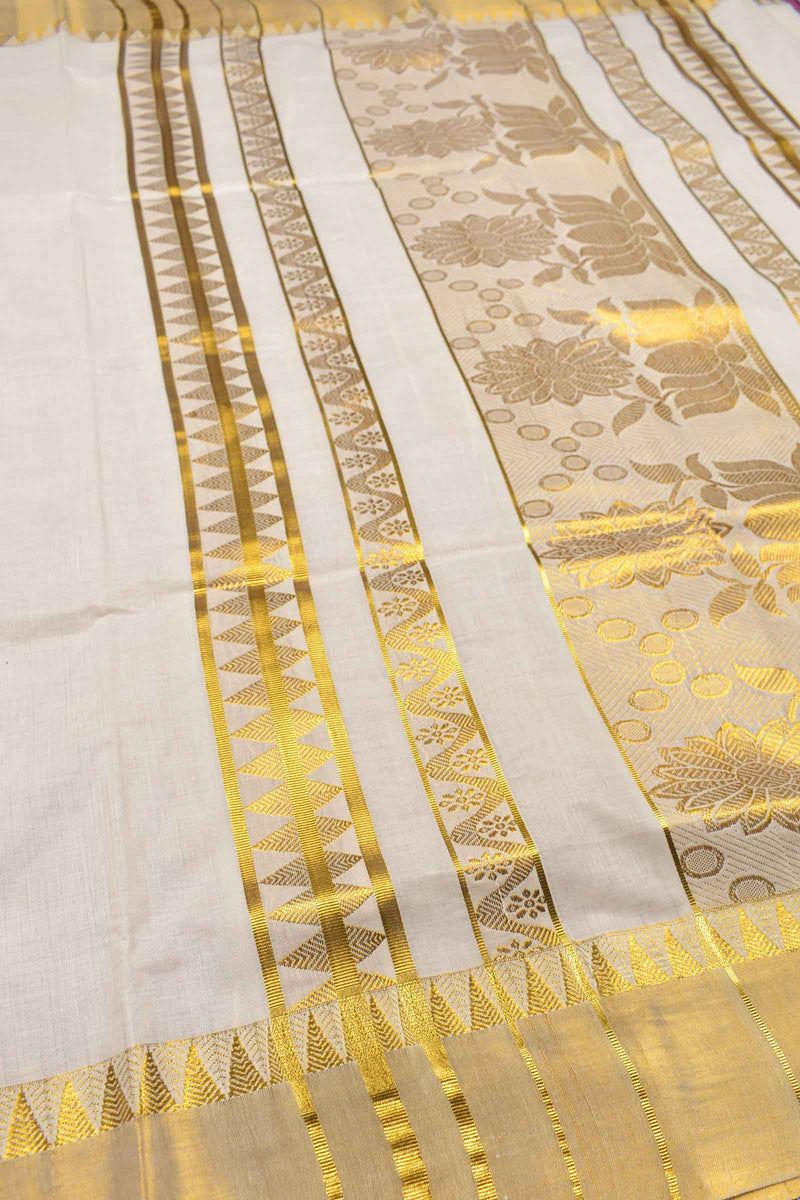 Off White Pure Kerala Cotton Line Butta Grand Golden Lotus Pallu Temple Zari Border Saree