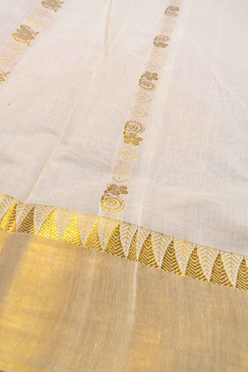 Off White Pure Kerala Cotton Line Butta Grand Golden Lotus Pallu Temple Zari Border Saree