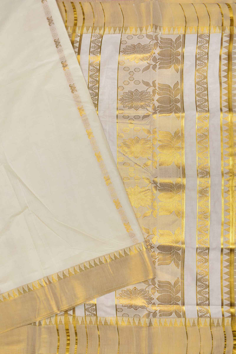 Off White Pure Kerala Cotton Line Butta Grand Golden Lotus Pallu Temple Zari Border Saree