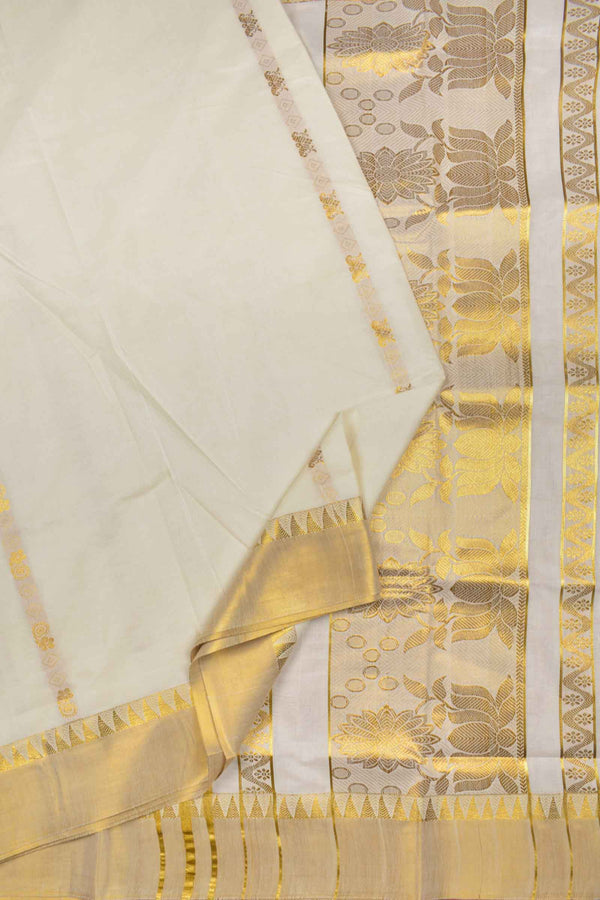 Off White Pure Kerala Cotton Line Butta Grand Golden Lotus Pallu Temple Zari Border Saree