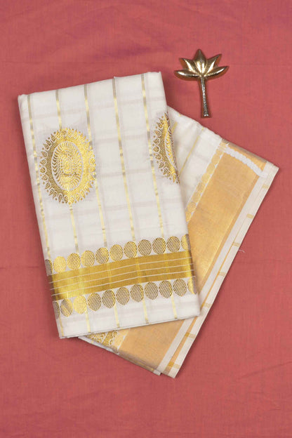 Off white Kerala Pure Cotton Chakra Checks Butta Chakra Pallu Saree