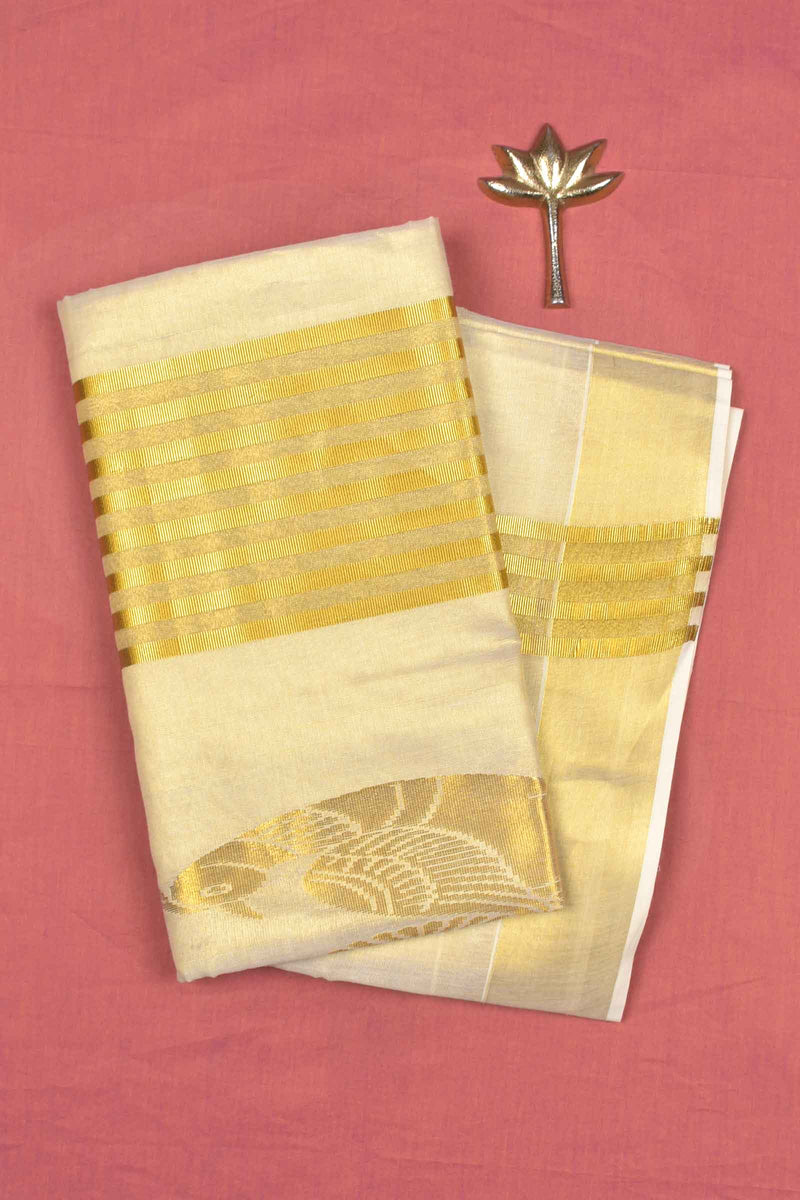 Golden  Kerala Tissue Cotton Golden Peacock Border Zari Lines Pallu Saree