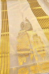 Golden  Kerala Tissue Cotton Golden Peacock Border Zari Lines Pallu Saree