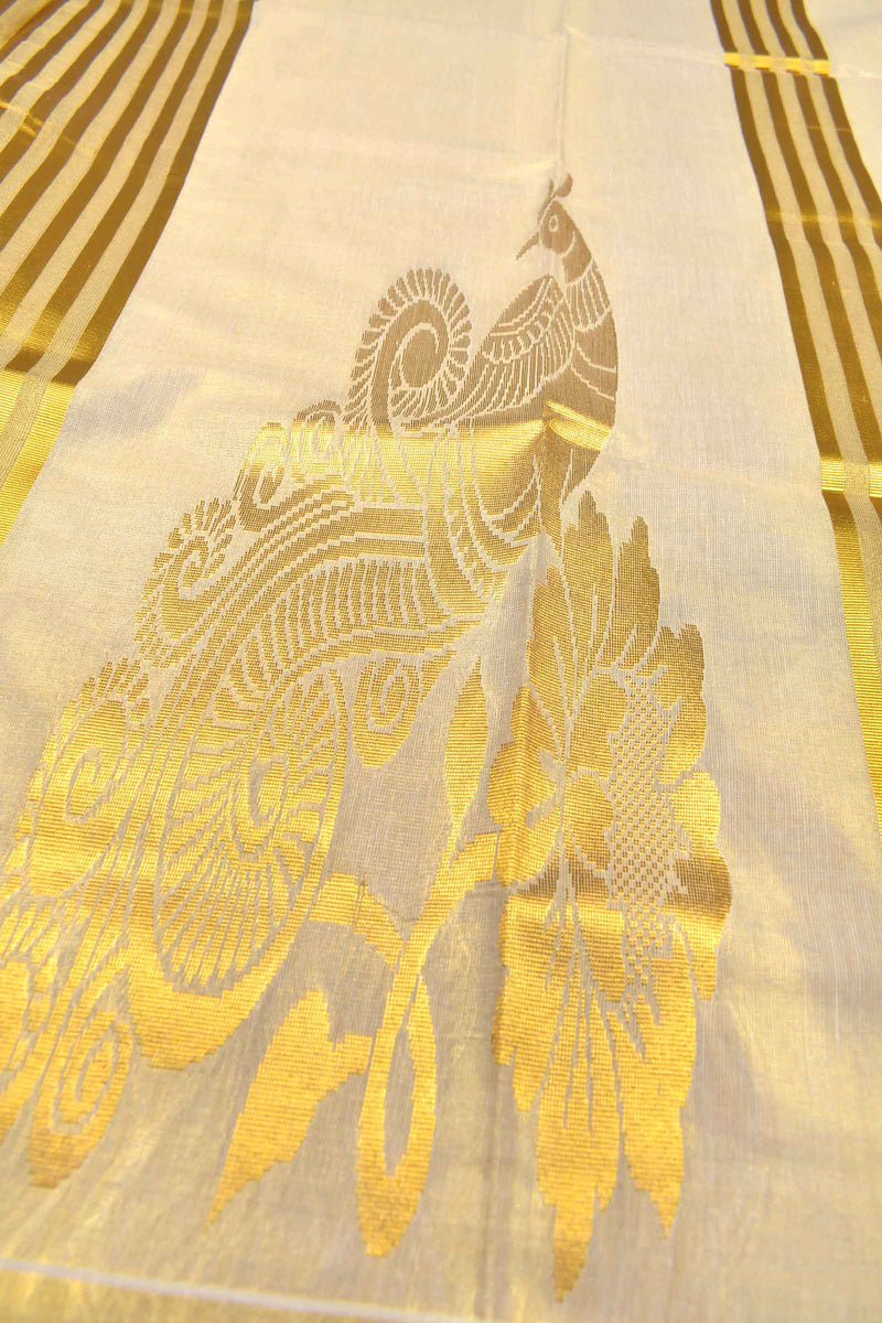 Golden  Kerala Tissue Cotton Golden Peacock Border Zari Lines Pallu Saree